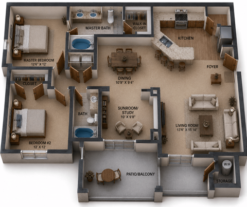 Floor plan for 2 beds, 2 baths, 1182 sqft
